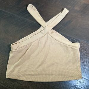 Ribbed Crossback Crop Top in Beige